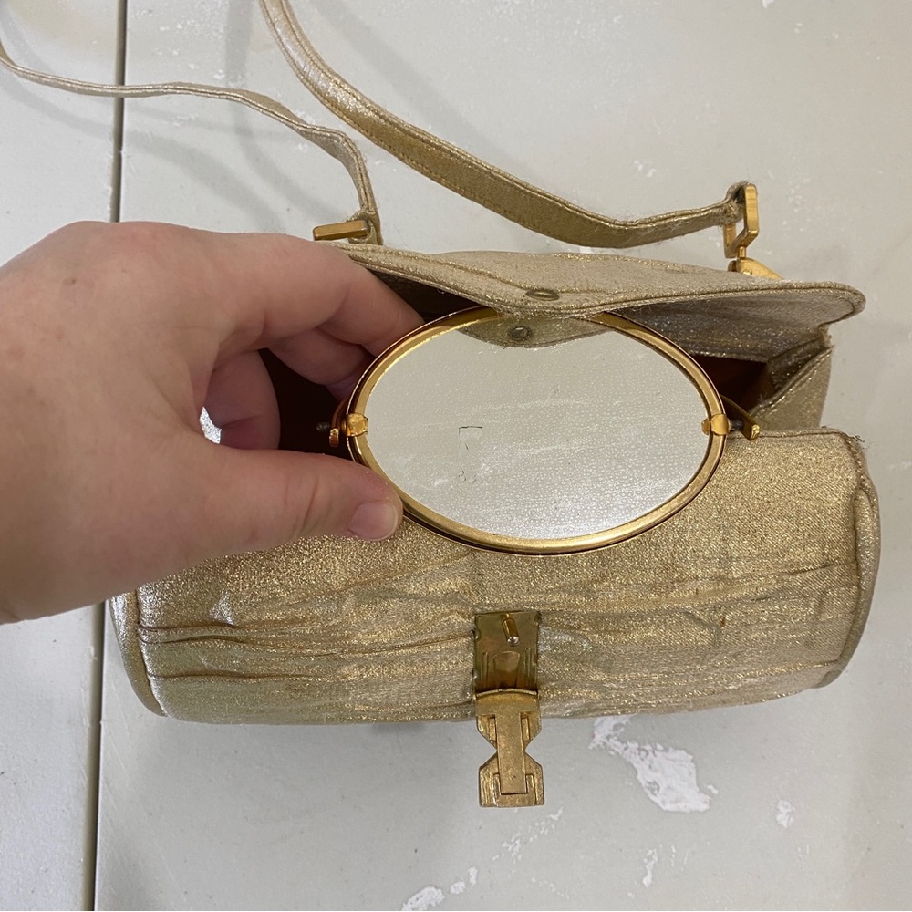 VINTAGE 1960s Lou Taylor gold ruched mini small cocktail bag w/ built in MIRROR - Picture 9 of 15